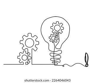 Abstract round metal gears wheels with light bulb and exclamation mark as line drawing on white background. Concept of teamwork. Vector