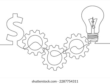 Abstract round metal gears wheels with light bulb and dollar as line drawing on white background. Concept of teamwork. Vector