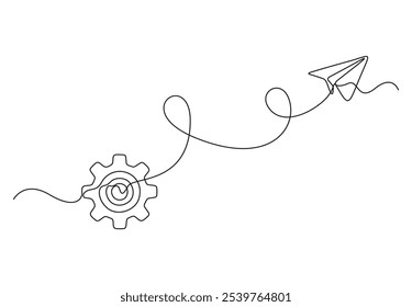 Abstract round metal gears wheels with paper plane as line drawing on white background. Vector illustration