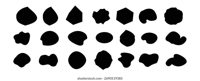 Abstraktes, rundes und organisches Blobform-Vektorset. Schwarze geometrische Kreise, flüssige Amoeba-Formen, Pastellmuster und moderne Fluiddesign-Elemente für Hintergrund, Banner und Verkaufsdekoration