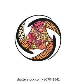 Ornamento redondo abstrato, Elemento de design isolado colorido desenhado à mão, Ilustração vetorial