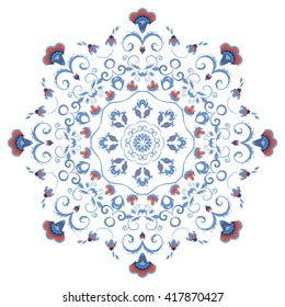 Abstract round ornament, mandala with styled flowers. Eastern circular floral motif, pattern isolated on white background