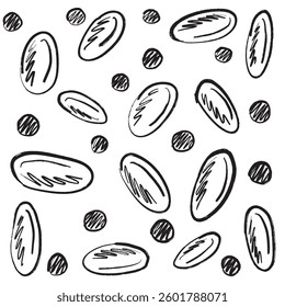 Abstract round and oval figures in black brush stroke texture isolated on white. Hand drawn vector sketch illustration in vintage charcoal ink. Abstract background, doodle icons