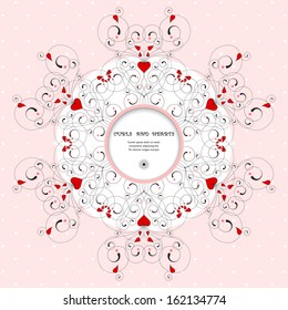 Abstract round pattern with curls and hearts. Frame for your text.  Wedding or Valentine's Day. Perfect for greetings, invitations or announcements.