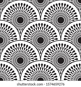 Abstract round pattern, geometric seamless background, black and white vector  illustration, halftone effect
