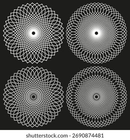 Padrão redondo abstrato. Design concêntrico hipnótico. Formas fractais radiais Vetor. Símbolo espiral decorativo. EPS 10.