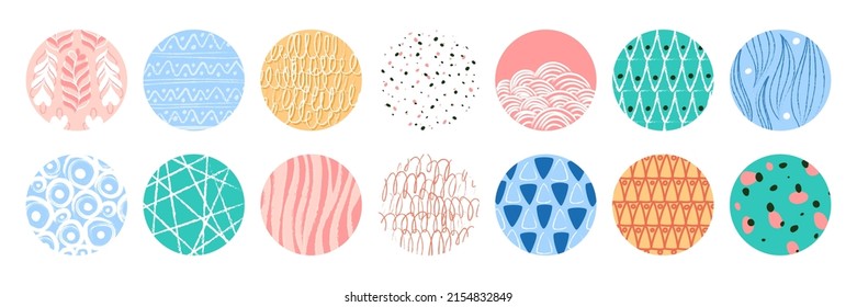 Abstract round pattern. Modern line icon or doodle background with geometric texture and graphic circle form. Story highlight covers set. Round logo and emblem. Vector isolated illustration