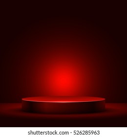 Abstract round podium illuminated with red light vector background. Stage backdrop.