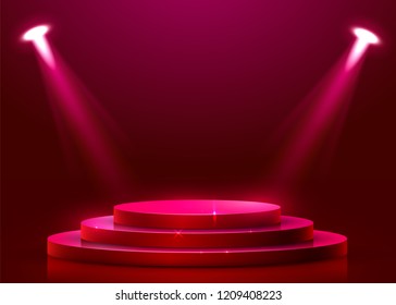 Abstract round podium illuminated with spotlight. Award ceremony concept. Stage backdrop. Vector illustration