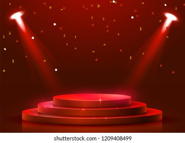 Abstract round podium illuminated with spotlight. Award ceremony concept. Stage backdrop. Vector illustration