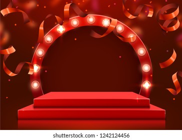 Abstract round podium illuminated with spotlight. Award ceremony concept. Stage backdrop. Vector illustration