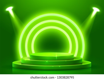 Abstract round podium illuminated with spotlight. Award ceremony concept. Stage backdrop. Vector illustration