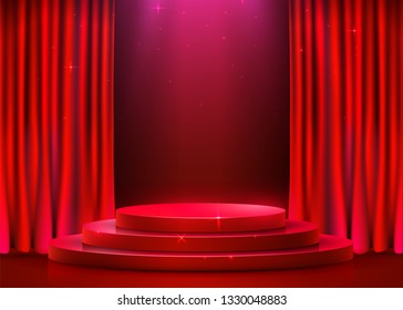 Abstract round podium illuminated with spotlight and curtain. Award ceremony concept. Stage backdrop. Vector illustration