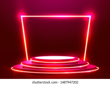 Abstract round podium illuminated with spotlight and neon. Award ceremony concept. Stage backdrop. Vector illustration