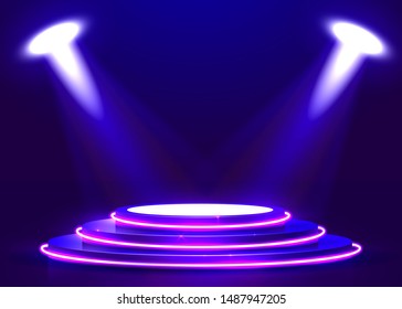 Abstract Round Podium Illuminated With Spotlight And Neon. Award Ceremony Concept. Stage Backdrop. Vector Illustration