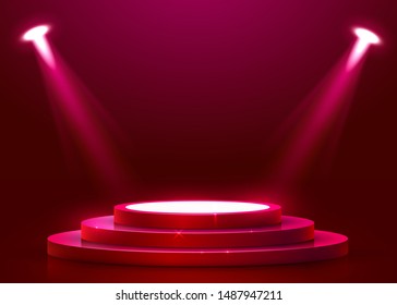 Abstract round podium illuminated with spotlight and neon. Award ceremony concept. Stage backdrop. Vector illustration