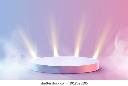 Abstract round podium illuminated with spotlight. Award ceremony concept. Stage backdrop. Vector illustration