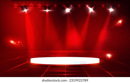 Abstract round podium illuminated with spotlight. Award ceremony concept. Stage backdrop. Product display podium with bokeh decoration and glitter light effect. Futuristic,Showcase,Stand. Vector EPS10
