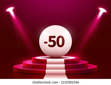 Abstract round podium with sale ball illuminated with spotlight. 50 percent of. Sale concept. Stage backdrop. Vector illustration