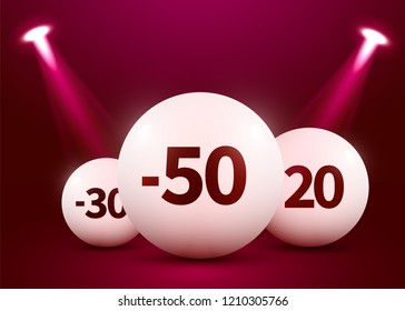 Abstract round podium with sale ball illuminated with spotlight. 50 percent of. Special offer concept. Stage backdrop. Vector illustration