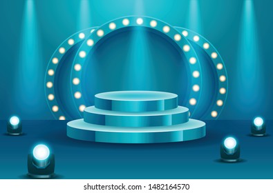 Abstract round podium with white carpet illuminated with spotlight. Award ceremony concept. Stage backdrop. Vector illustration