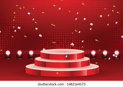 Abstract round podium with white carpet illuminated with spotlight. Award ceremony concept. Stage backdrop. Vector illustration