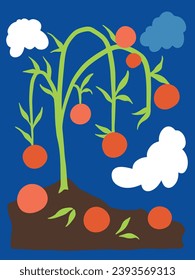 Abstract round red fruit or vegetable plant that resembles a tomato, with soil and clouds at night. Vector illustration for tshirt or poster design. Simple flat cartoon minimalist art styled drawing.