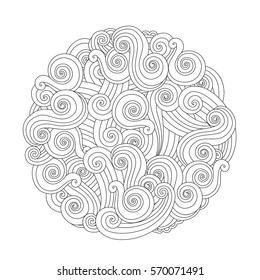 Abstract Round Sea Wave Mandala with curls, swirls, hairs isolated on white background. Coloring book for adult and older children. Editable vector illustration.
