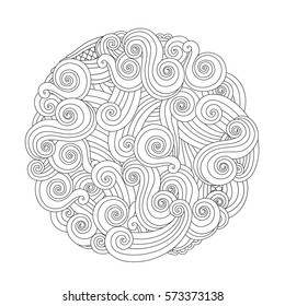 Abstract Round Sea Wave Mandala with curls, swirls, hairs isolated on white background. Coloring book for adult and older children. Editable vector illustration.
