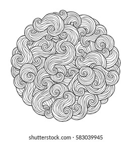 Mandala Abstractas de la onda del mar redonda con los rizos, remolinos, pelos aislados en el fondo blanco. Libro para colorear para adultos y niños mayores. Ilustración vectorial editable.