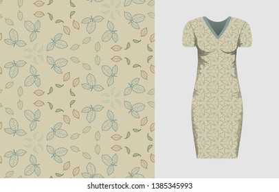 Abstract round seamless pattern wiht brown, green, blue leaves and mock up dress whith this ormnament on grey background. Vector nature elegant texture for fabric, textile, bedlinen, undergarment.