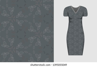 Abstract round seamless pattern wiht brown, grey leaves and mock up dress with short sleeves with this ormnament. Vector nature elegant texture for fabric, textile, bedlinen, undergarment.