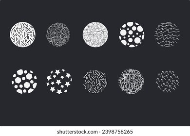 Abstract round set for templates. Circles, lines, stars, curves, doodles for logo, frame, tattoo, web page, prints, posters. Contemporary trendy set of isolated elements. Modern vector illustration
