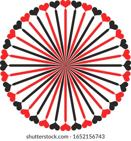 Abstract round shape created by rays and hearts, red and black, pattern