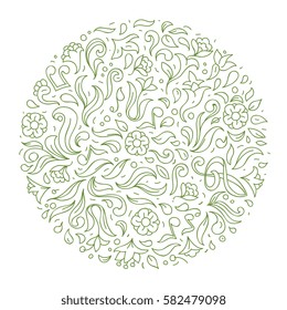 abstract round shape floral pattern, ornament for coasters. isolated on black color background, vector illustration.