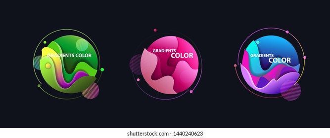 Abstract round shape set. Green, pink, blue, purple, yellow circles with layered surface and text sample. Isolated on black. Vector illustrations for banner, logo, presentation slide templates
