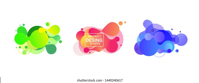 Abstract round shape set. Purple, blue, pink, yellow, green fluid circles. Hatched round forms, dynamic bubbles, gradient colors. Vector template for brochures, banners, posters, covers