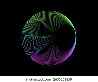 Abstract round shape of wavy lines smoothly flowing into circle frame. Vector color spectrum of light isolated on a black background with copy space