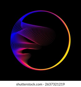Abstract round shape of wavy lines smoothly flowing into circle frame. Vector color spectrum of light isolated on a black background with copy space