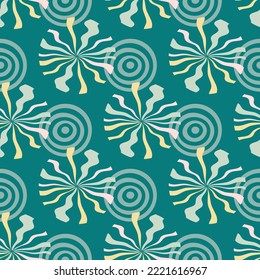 Abstract round shapes and rays seamless pattern in ultramodern style. Perfect print for tee, textile and fabric. Vintage vector illustration for decor and design.


