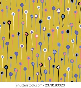 Abstract round shapes seamless repeat pattern. Hand drawn, vector doodle all over surface print on yellow background.