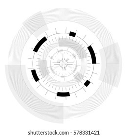 Abstract round sight-tech space weapons with circles. Transparent fill up the screen and monitor. Props for filming. Isolated  central sight of wheels. Subtle mechanical gears on white. Master vector.