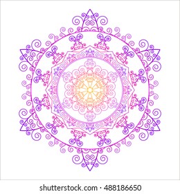 Abstract round snowflake, a bright contour on white . Mandala in the form of delicate snowflakes. Vector image.