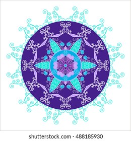 Abstract round snowflake in cool tones. Mandala in the shape of snowflakes. Vector image.