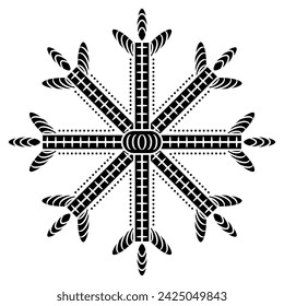 Abstract round star shape mandala or snowflake with floral motifs. Black and white silhouette.