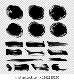 Abstract round and straight brushstrokes of different smear saturation isolated on imitation transparent background