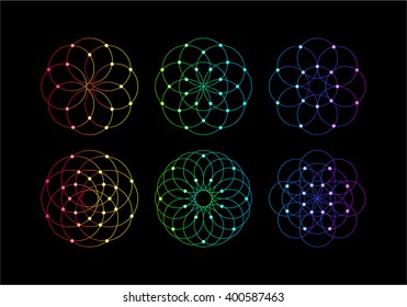 Abstract Round Symmetrical Guilloches. Vector Decorative Circle Patterns. Mystic Cosmic Design Elements.