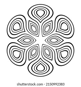 Abstract round symmetrical outline pattern isolated on white background. Stencil. Flower. Decorative element. Tattoo design. Vector monochrome illustration.