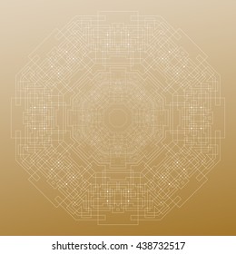 Abstract round technology pattern isolated on golden background, mandala template with connecting lines and dots, connection structure. Digital scientific vector.