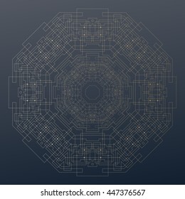 Abstract round technology pattern on dark background, golden mandala template with connecting lines and dots, connection structure. Digital scientific vector.